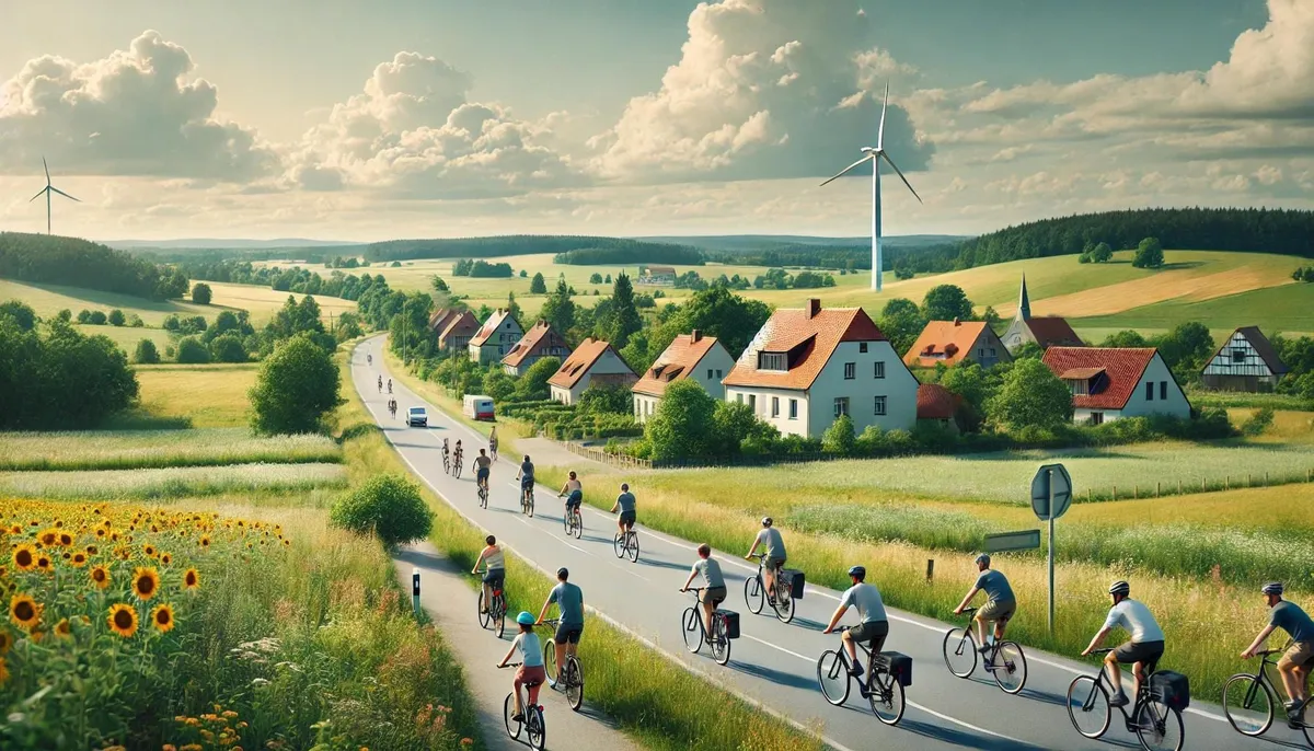 DALL·E 2025-05-30 17.29.40 – A calm European countryside in summer, with many bicyclists peacefully riding along a quiet rural road. The cyclists are wearing casual summer clothin