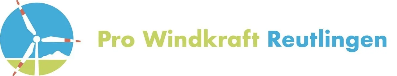 Logo von Pro Windkraft Neckar-Alb zeigt ein stilisiertes Windrad und zweifarbig den Schriftzug Pro Windkraft Neckar-Alb