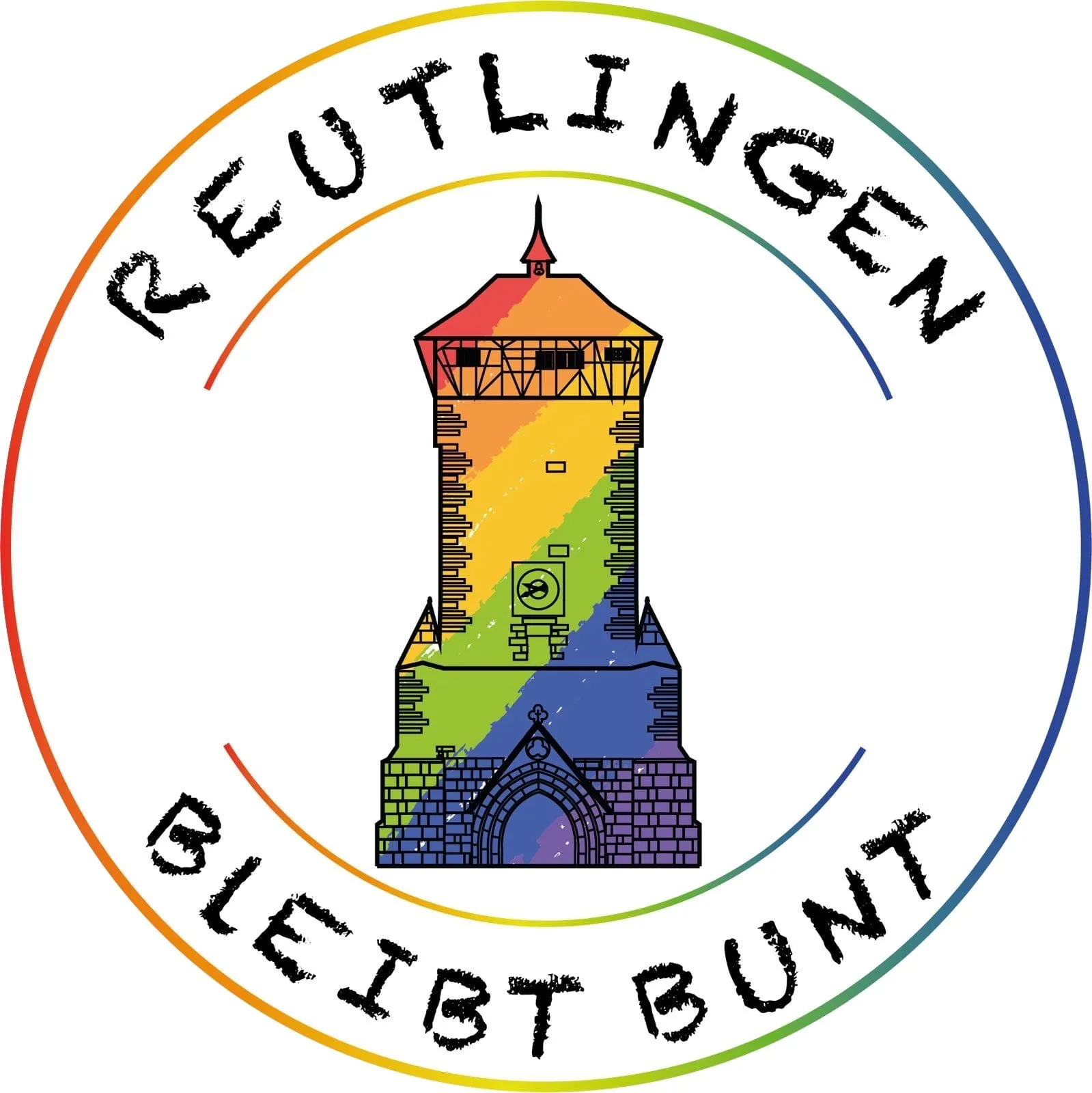 Logo von Reutlingen bleibt bunt, zeigt im Kreis den Schriftzug und in der Mitte einen bunt gefärbtes Wahrzeichen der Stadt, einen Turm der Stadtmauer.