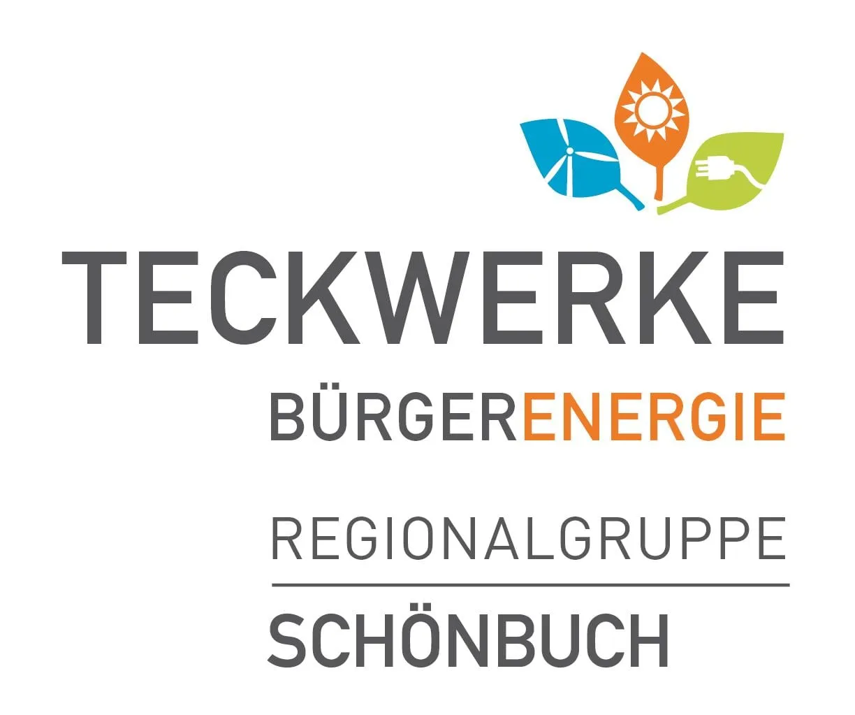 LOGO DER TECKWERKE BÜRGERNERGIE REGIONALGRUPPE SCHÖNBUCH zeigt diesen Text und drei bunte Blätter. Doe Teckwerke unterstützen den Weltrekordversuch und stehen als Genossenschaft für erneuerbare Energie in Bürgerhand. Für Windkraft, Energiewende, Klimaschutz