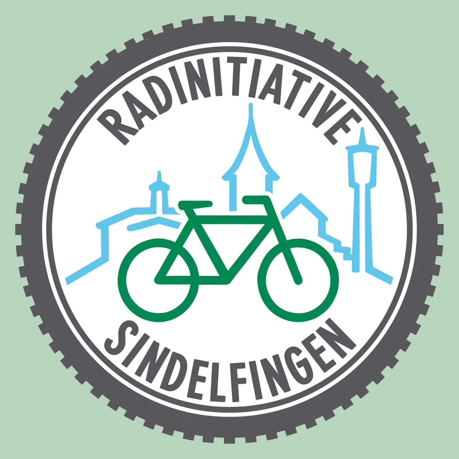 Logo der Radinitiative Sindelfingen zeigt ein grüne stiliisertes Fahrrad vor einer blauen stilisiserten Stadtkulisse und in olivegrün den Schriftzug Radinitiative Sindelfingen
